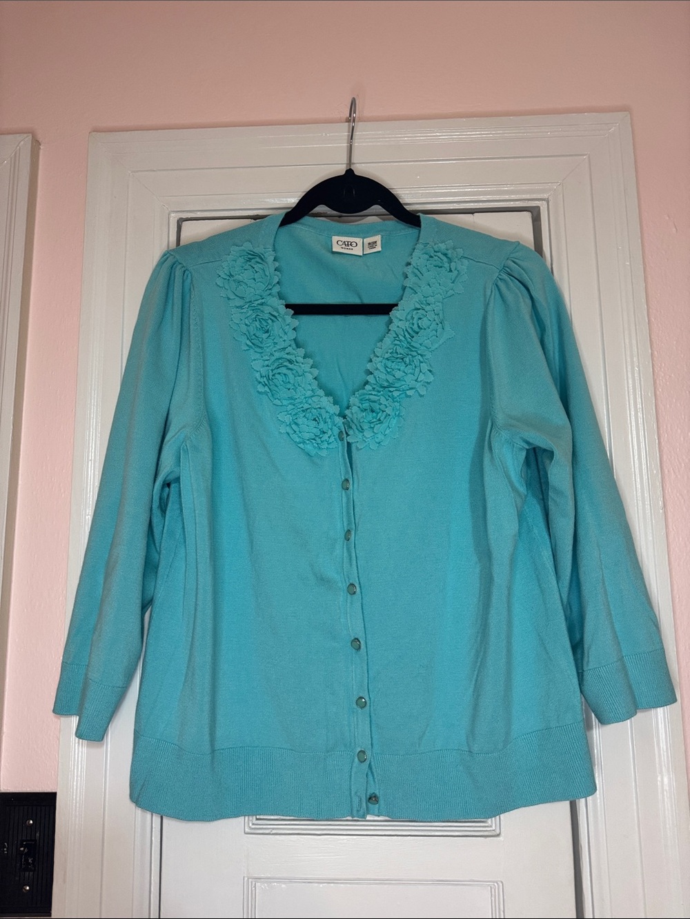 Cato Teal Floral-Trim Button Front Cardigan